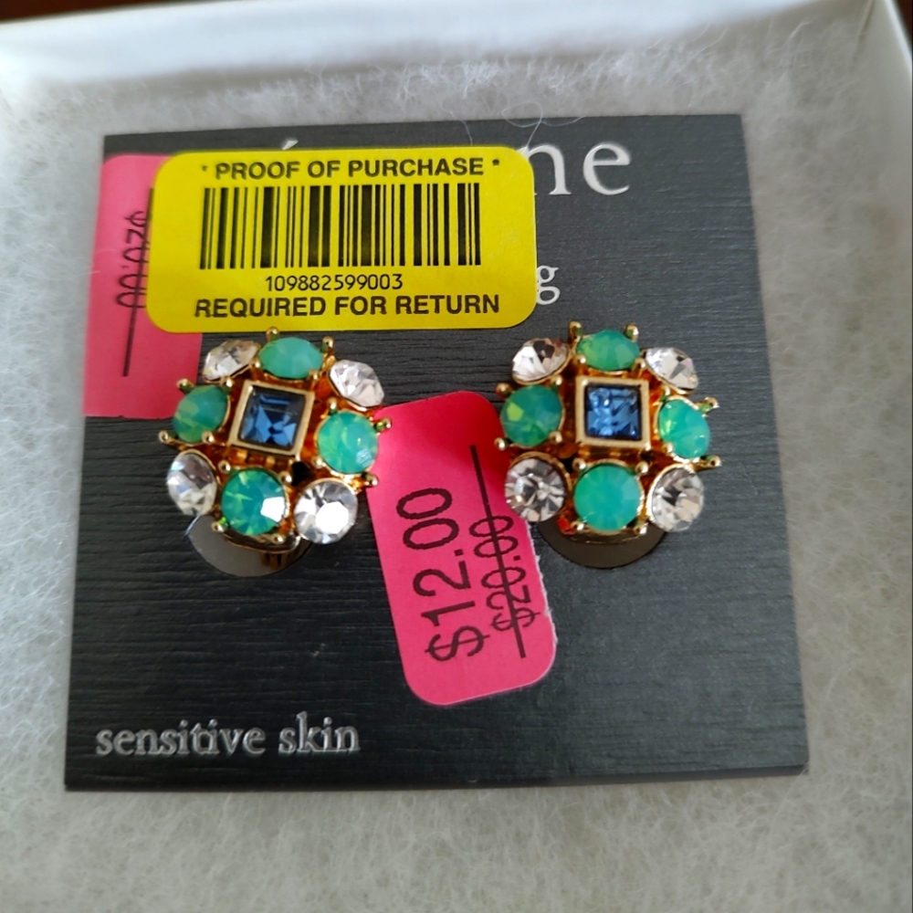 Gold blue and teal clip on earrings